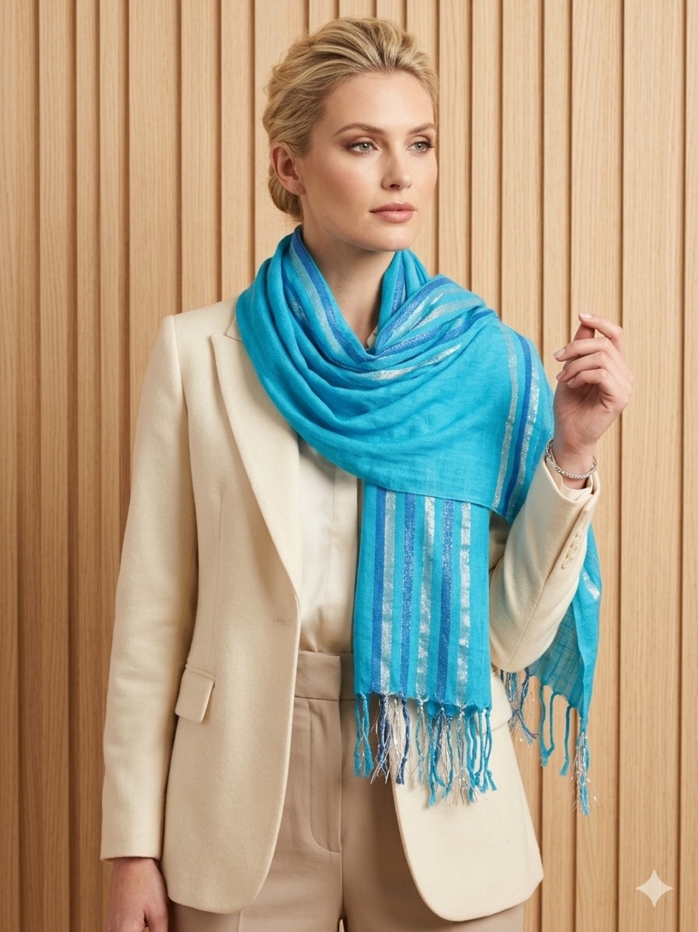 Light Blue Striped Fringe Scarf - Women Accessories